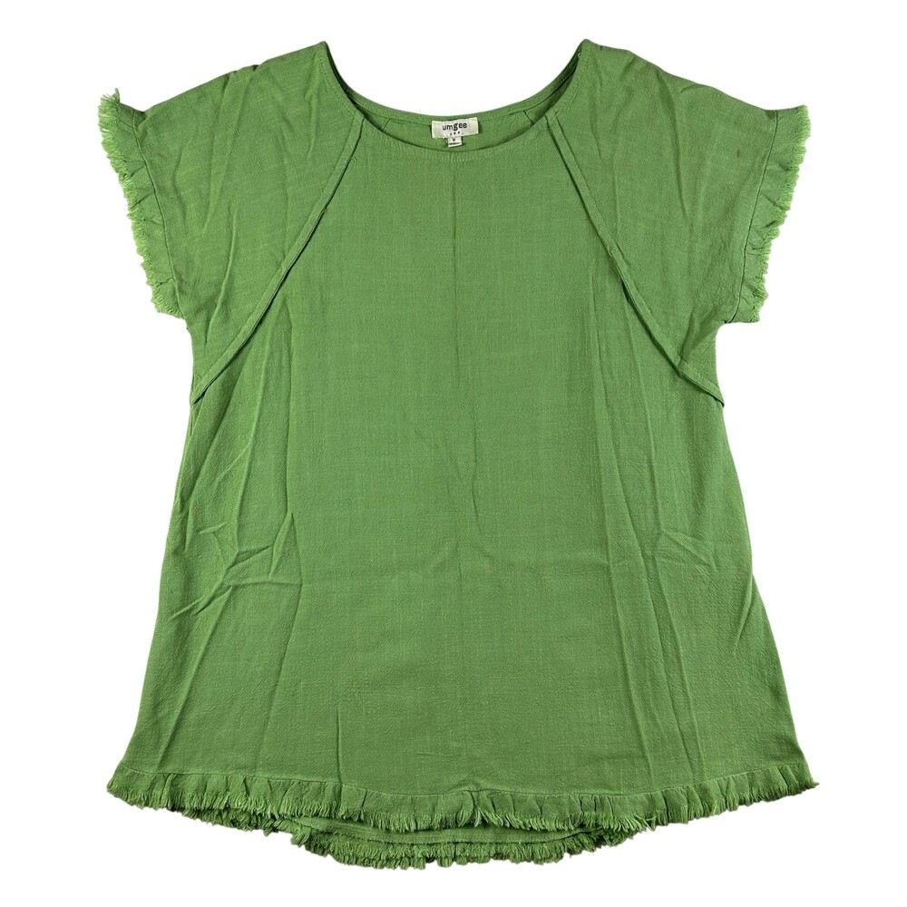 Umgee Top Womens M Green Linen Cotton Tunic Fringe Hem Summer Casual Boho